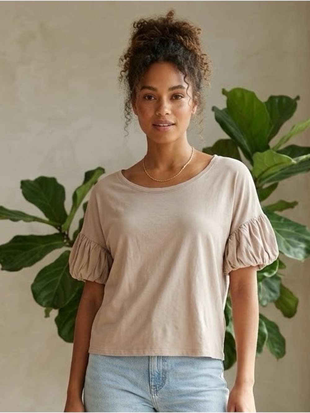 Women's Taupe Puff Sleeve Top